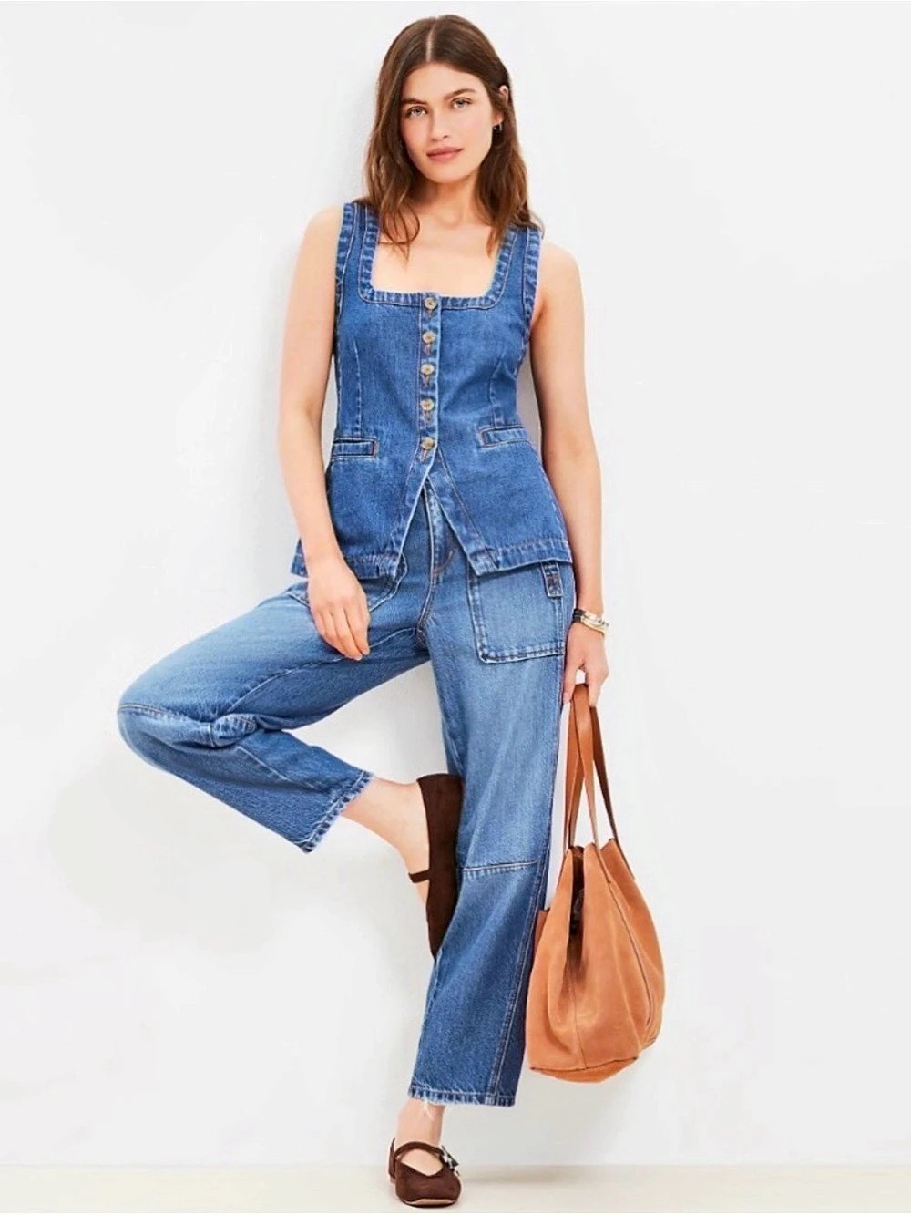 LOFT Denim Vest in Classic Rinse Wash Denim Square Neck Size 0